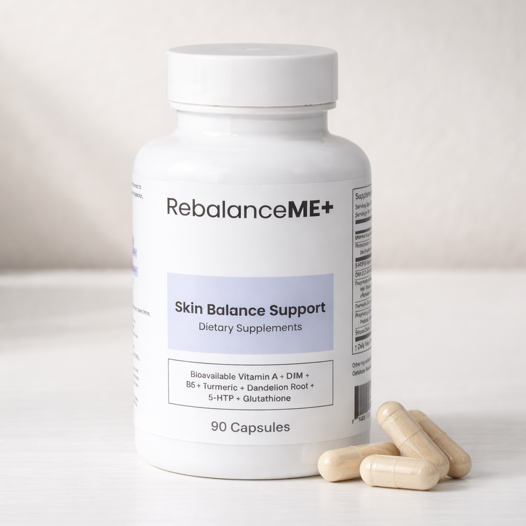 Supplement bottle labeled 'RebalanceME+' with capsules on a light background